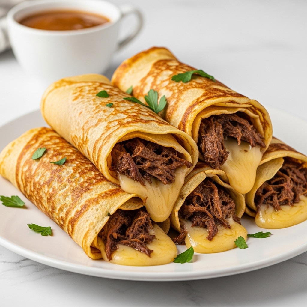 Four rolled crepes with a golden-brown, slightly crispy outer layer are stacked on a white plate on a white marbled surface. Each crepe is filled with dark, tender pulled meat and melted cheese that is oozing out from the open ends. Small green parsley leaves are sprinkled on top and around the crepes. In the background, there is a white cup filled with a brown sauce, slightly blurred. The whole scene shows rich textures of melted cheese, soft meat, and crispy crepe skin, highlighted by warm lighting. photo taken with an iphone --ar 4:5 --v 7