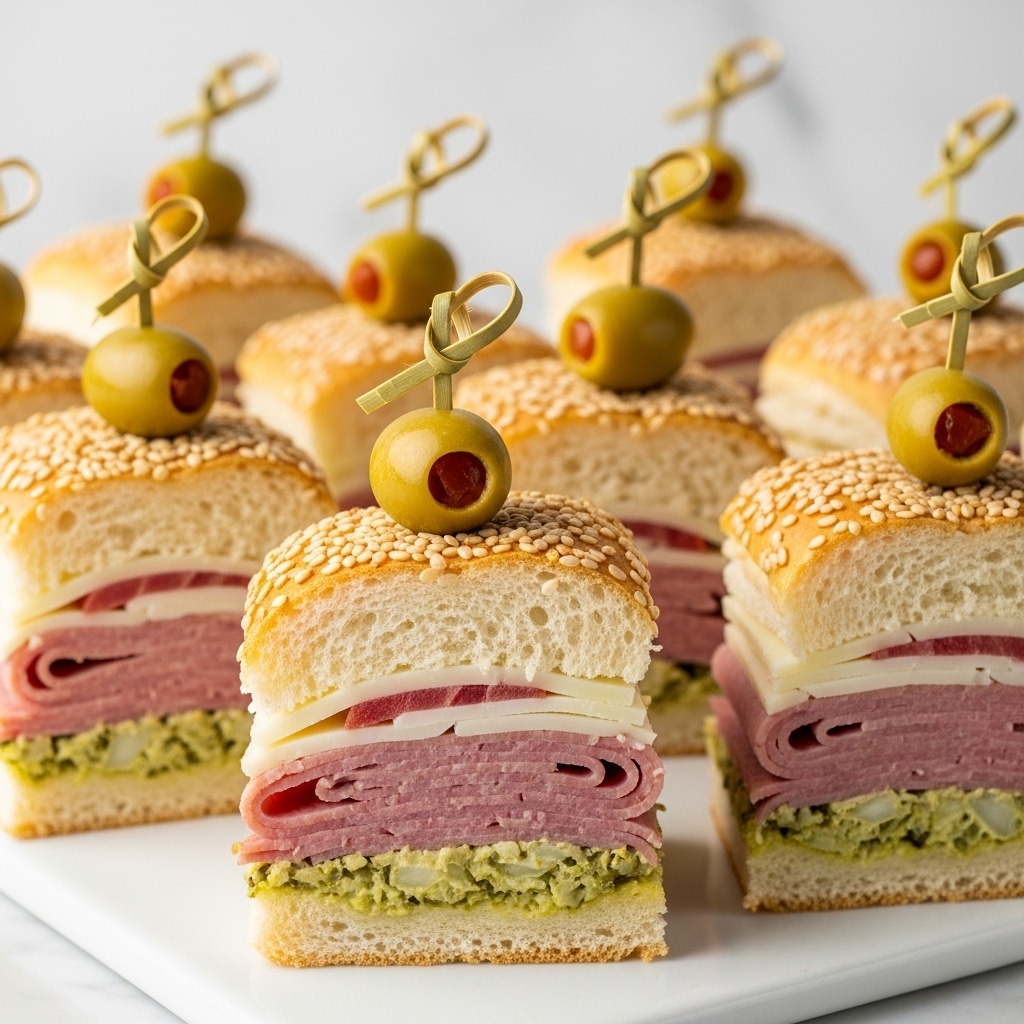 The image shows several small sandwich pieces arranged closely on a white tray. Each sandwich has three main layers of fillings: a bottom layer of a greenish chopped mixture, a middle stack of pink and white deli meats with sliced white cheese, and a top layer of the same greenish mixture. The bread is topped with sesame seeds, light brown and fluffy in texture, cut into square shapes. Each sandwich piece is held together with a small skewer topped with a green olive that has a red pimento inside. The background is a white marbled texture. photo taken with an iphone --ar 4:5 --v 7