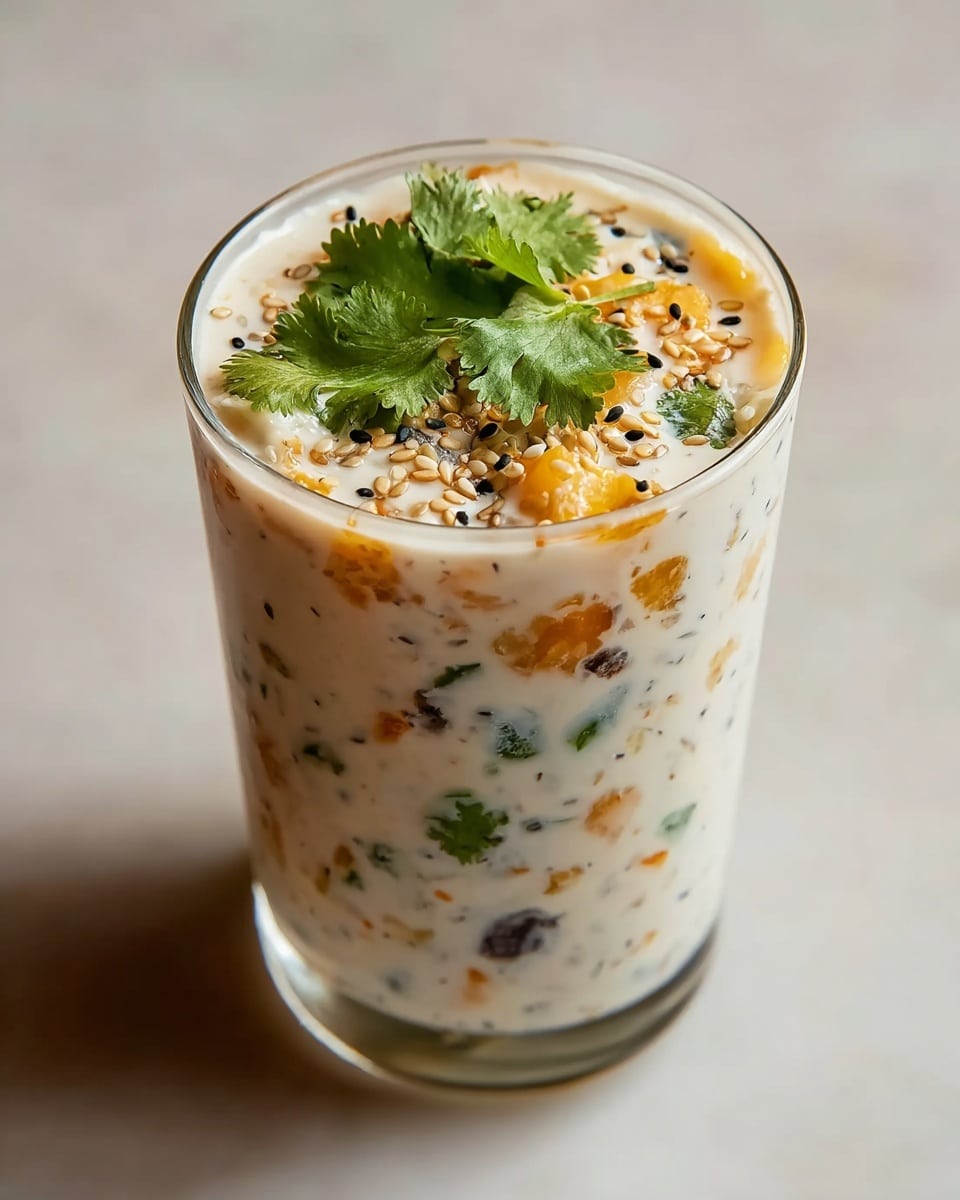 A clear glass filled with a thick, creamy mixture that has visible small pieces of orange, green, and dark brown ingredients suspended throughout the white base. The top layer is sprinkled with black and white seeds and garnished with fresh green cilantro leaves placed in the center. The glass is placed on a smooth, white marbled surface with a soft shadow on one side. photo taken with an iphone --ar 4:5 --v 7