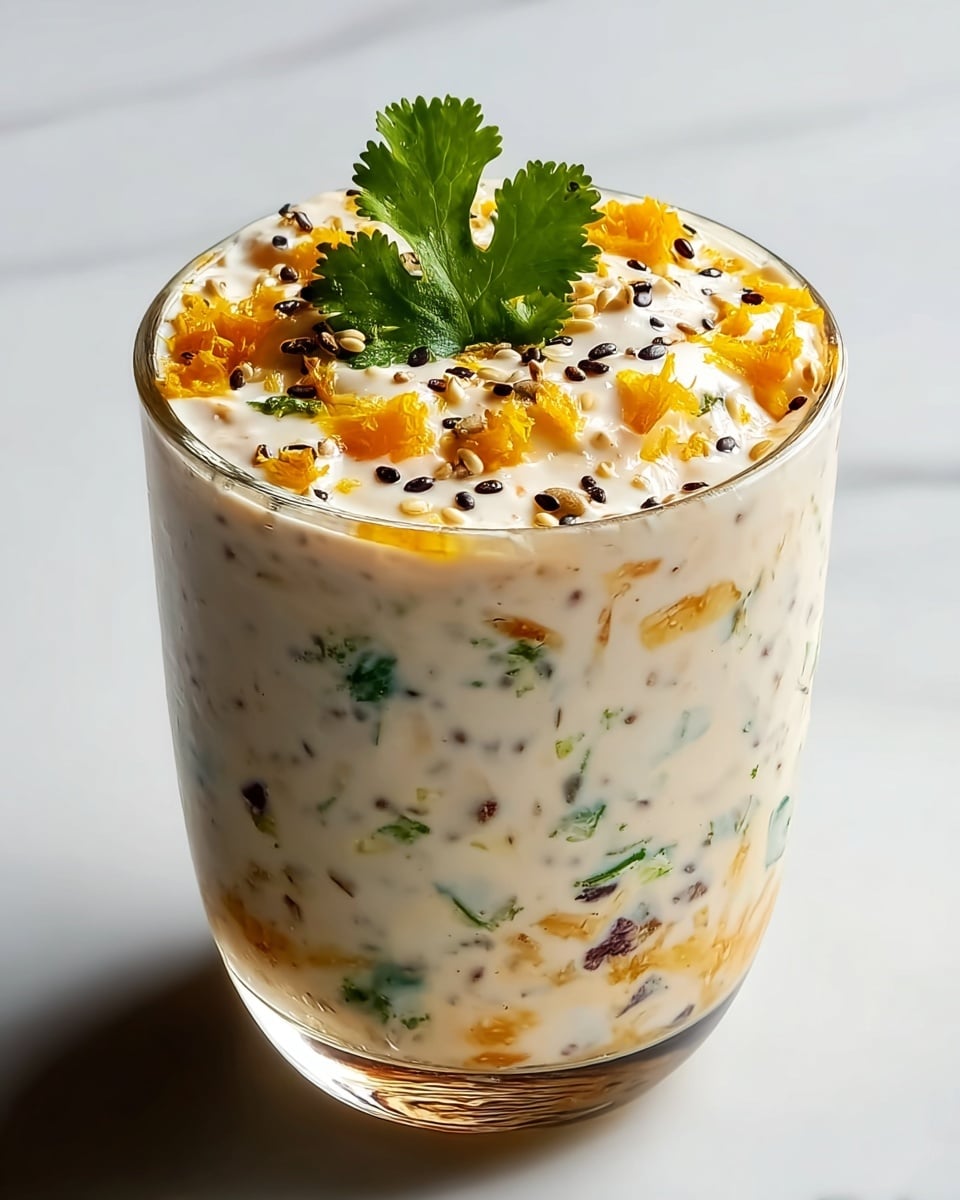 A clear glass filled with a creamy mixture that has visible small chunks of orange, green, and dark bits mixed throughout. The top layer is white cream sprinkled with black seeds and small pieces of orange, finished with a fresh green coriander leaf placed at the center. The glass sits on a white marbled surface with soft lighting showing the texture of the creamy layers inside. photo taken with an iphone --ar 4:5 --v 7