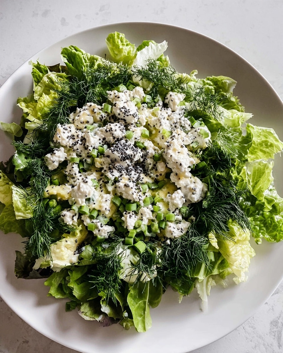 A white plate holds a fresh salad arranged in layers. The bottom layer is made of mixed, bright green leafy lettuce with rough textures. On top of this are scattered finely chopped green onions and fresh, dark green dill, creating a ring around the salad. In the center, there is a layer of crumbled white cheese, soft and chunky in texture, covered with a light creamy dressing that is pale yellow and slightly thick. Small black poppy seeds are sprinkled evenly over the cheese and dressing, adding contrast to the colors. The whole salad rests on a white marbled surface. photo taken with an iphone --ar 4:5 --v 7