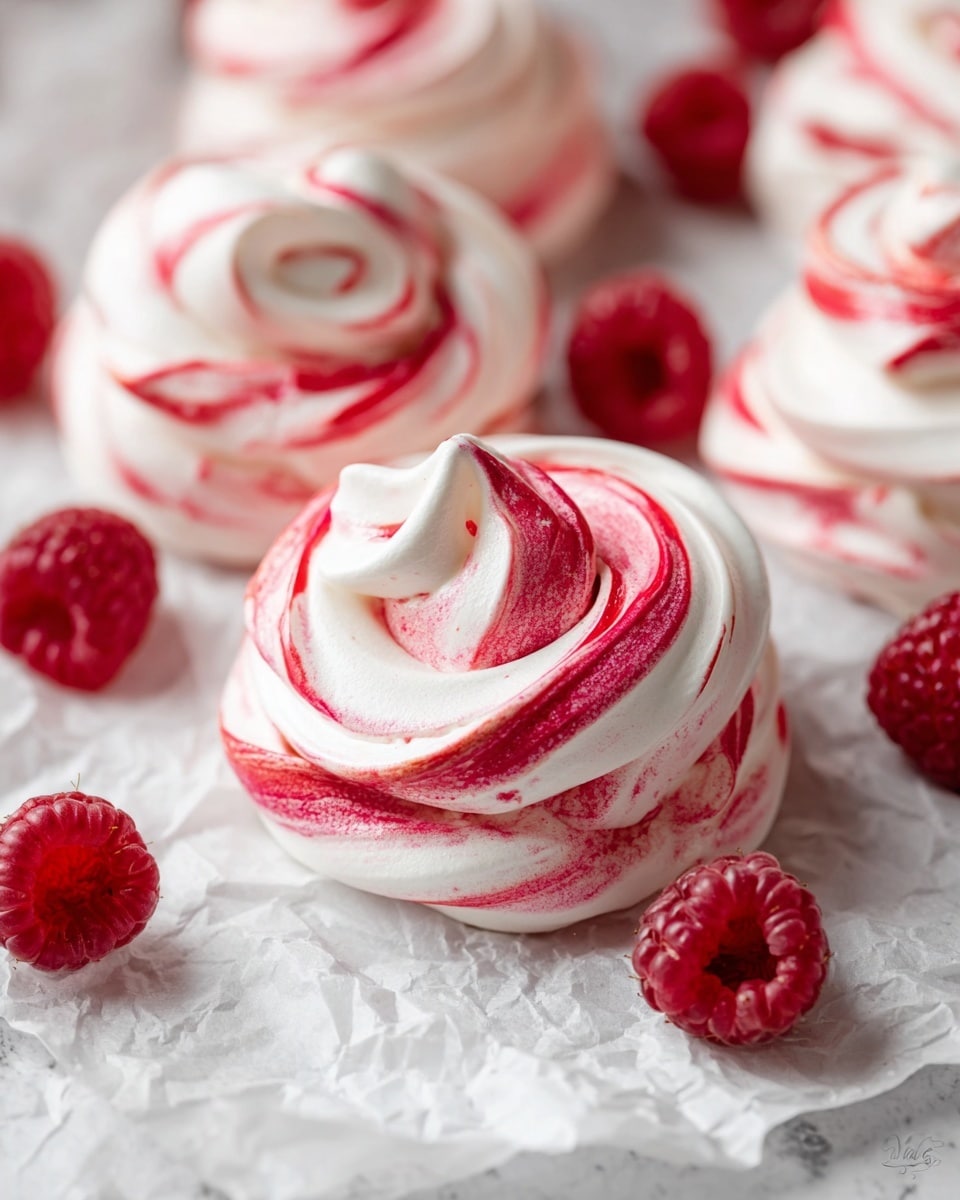 The image shows several round meringue nests with a swirled pattern of white and bright red colors, giving them a light and airy texture with a glossy surface. Each meringue has multiple layers of piped meringue intertwined with streaks of red, creating a rose-like shape. The meringues are placed on crinkled white parchment paper over a white marbled surface. Fresh whole red raspberries are scattered around the meringues, adding a natural and fresh touch to the composition. The focus is on the meringue in the middle, with soft light highlighting its swirls and texture. photo taken with an iphone --ar 4:5 --v 7