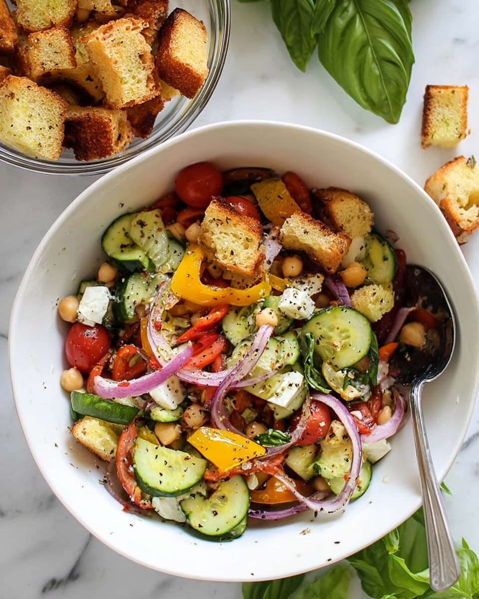 A white bowl filled with a colorful salad showing a mix of sliced cucumbers, red and yellow bell peppers, halved cherry tomatoes, thin rings of purple onion, chickpeas, and small chunks of white cheese, all sprinkled with black pepper and garnished with fresh green basil leaves. Golden toasted bread cubes are scattered on top and some more are in a clear bowl nearby. A silver spoon is placed inside the bowl on top of the salad. The entire setting is on a white marbled surface with a green plant partially visible at the corner. Photo taken with an iphone --ar 4:5 --v 7