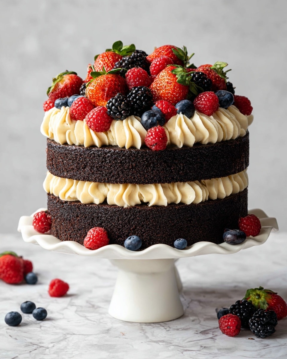 A three-layer dark chocolate cake sits on a white cake stand with a wavy base, each layer separated by a thick ring of pale cream piped in swirled dollops. The top layer is decorated with a mix of fresh berries including whole and halved bright red strawberries, deep red raspberries, blackberries, and plump blueberries. Some berries are also scattered on the white marbled surface around the cake stand. The cake texture is rich and moist, contrasting with the smooth, creamy frosting and the fresh, juicy fruits on top. Photo taken with an iphone --ar 4:5 --v 7