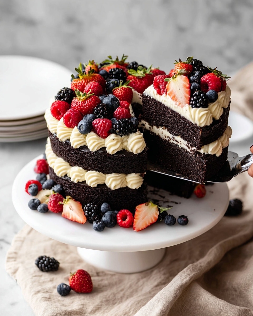 A three-layer dark chocolate cake on a white cake stand, each layer separated by thick piped swirls of light cream frosting. The top of the cake is covered with a mix of fresh berries, including whole strawberries, halved strawberries, raspberries, blackberries, and blueberries, adding bright red, purple, and blue colors on the creamy white frosting. One slice is being lifted by a woman's hand holding a silver cake server, showing the moist dark chocolate layers and creamy filling inside. Scattered berries also decorate the white marbled surface around the cake, with a neutral beige cloth and empty stacked white plates blurred in the background. Photo taken with an iphone --ar 4:5 --v 7
