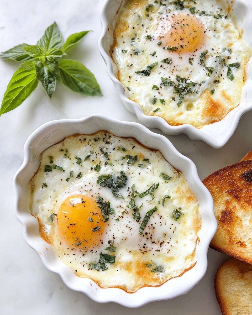Two white scalloped ceramic baking dishes filled with a baked egg dish, each showing two sunny-side eggs lightly browned on the edges, covered with melted white cheese and sprinkled with finely chopped green herbs and black pepper. The cheese is creamy with some golden brown spots from baking. One dish is positioned lower and closer, the other slightly behind and higher. To the upper left of the dishes is a small sprig of fresh green basil leaves resting on a white marbled surface, and to the right bottom corner, part of a toasted white bread slice with a golden-brown crust is visible. photo taken with an iphone --ar 4:5 --v 7