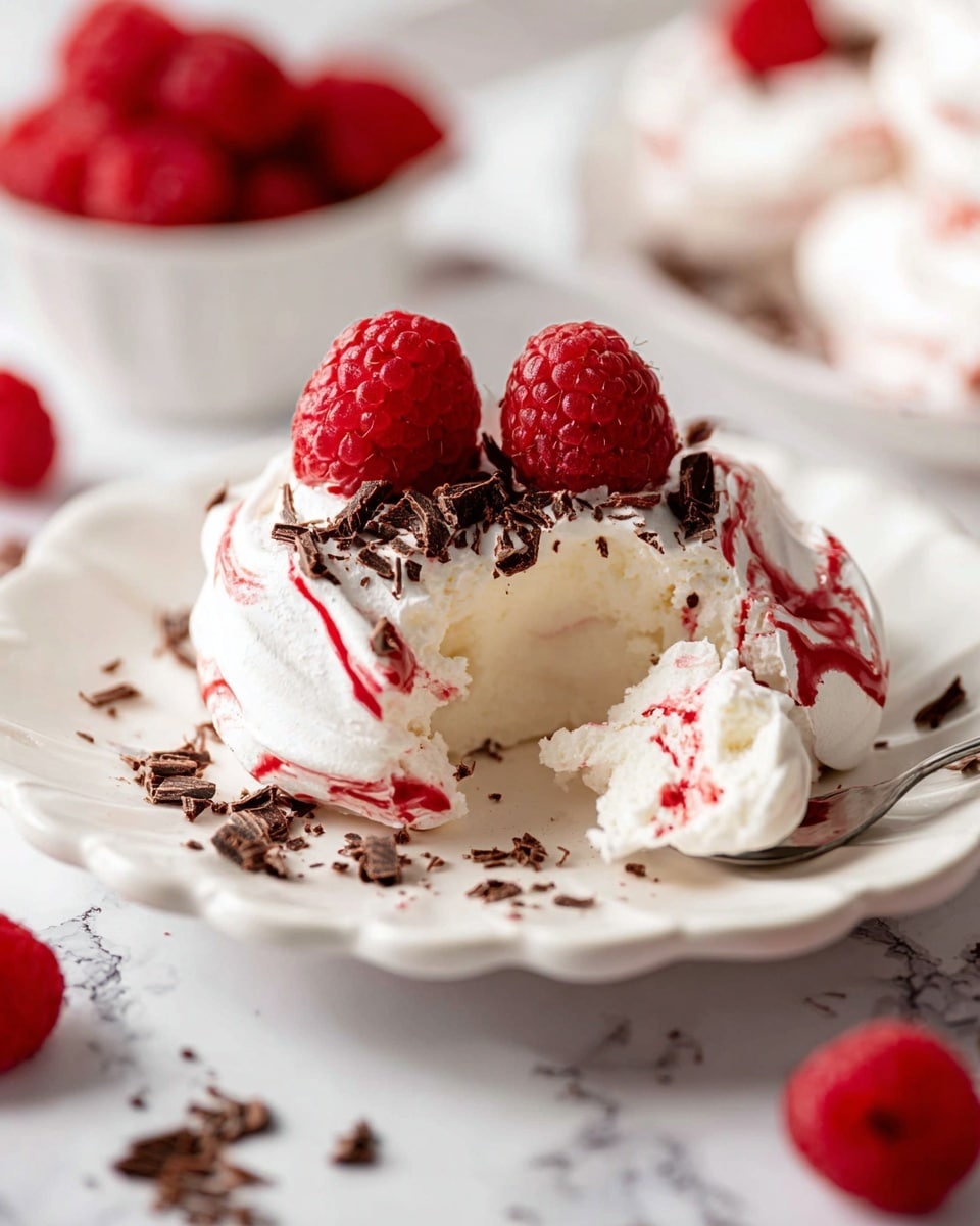 A close-up of a dessert on a white plate with scalloped edges, showing one main layer of light, fluffy white meringue mixed with swirls of red sauce on top. The meringue is topped with two bright red raspberries and sprinkled with small pieces of dark chocolate shavings. There is a bite taken from the dessert, exposing its soft inside texture. Around the plate and in the background, there are scattered raspberries and more chocolate shavings on a white marbled surface. Photo taken with an iphone --ar 4:5 --v 7