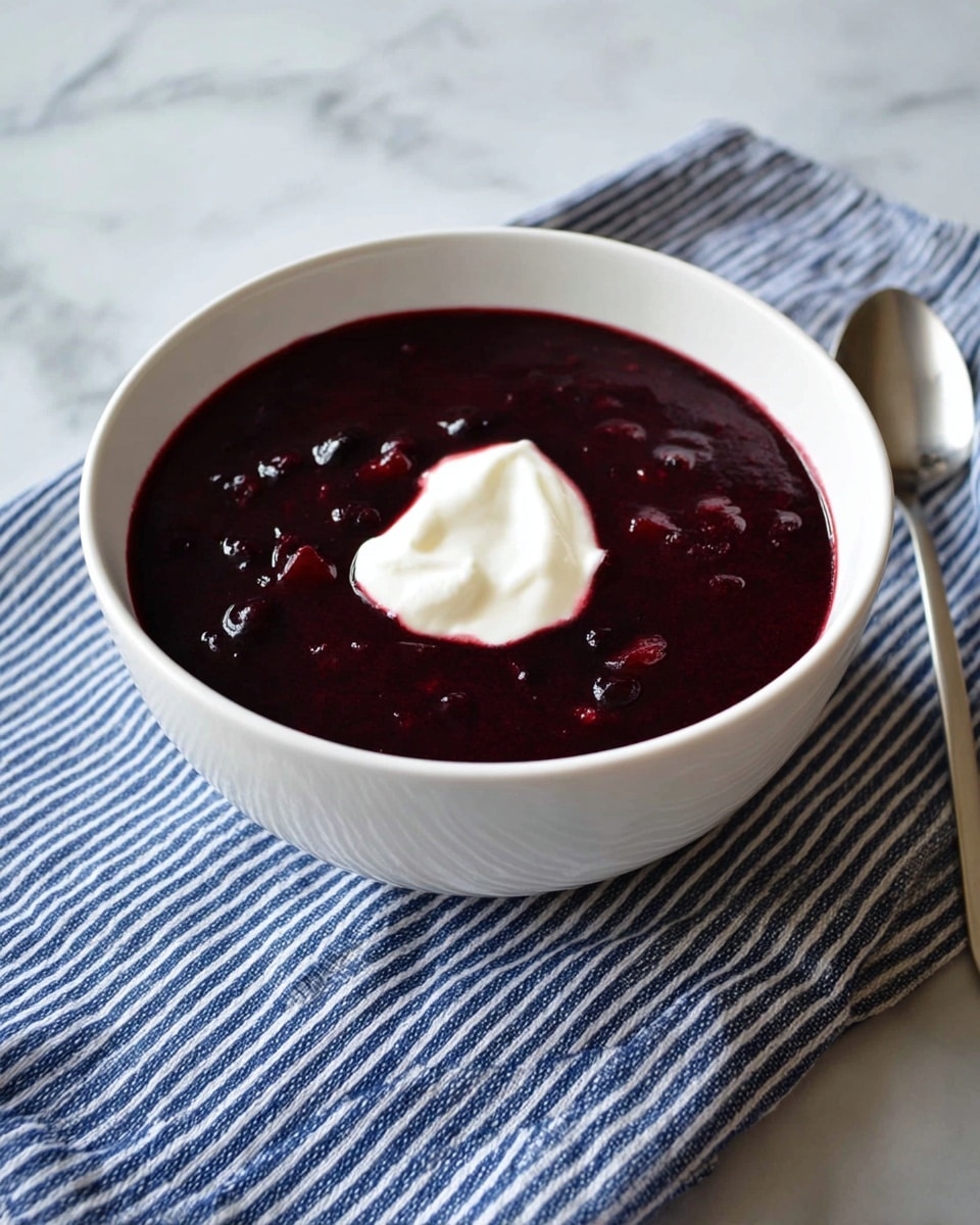 A white bowl filled with a thick, dark purple berry soup that has a smooth texture with small chunks of fruit visible. On top in the center is a dollop of white cream, creating a strong contrast against the deep purple soup. The bowl is placed on a blue and white striped cloth over a white marbled surface. A silver spoon lies next to the bowl on the right side. photo taken with an iphone --ar 4:5 --v 7