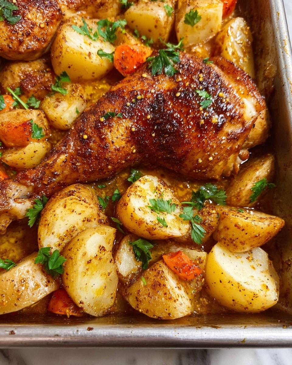 A close-up view of a cooked chicken leg, rich golden-brown and glistening with a mustard seed sauce, lays in the center surrounded by several thick potato chunks. The potatoes have a light golden color with a slightly rough texture and some browned edges, all mixed together with small pieces of carrots adding a touch of orange. Fresh green parsley leaves are scattered on top for garnish. The dish is inside a metal tray on a white marbled surface. Photo taken with an iphone --ar 4:5 --v 7