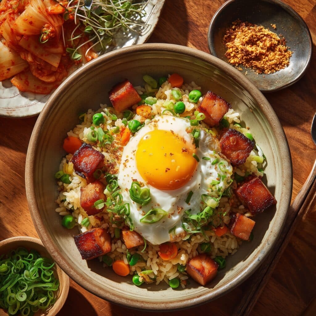 Kale & Kimchi Fried Rice with Crispy Eggs Recipe