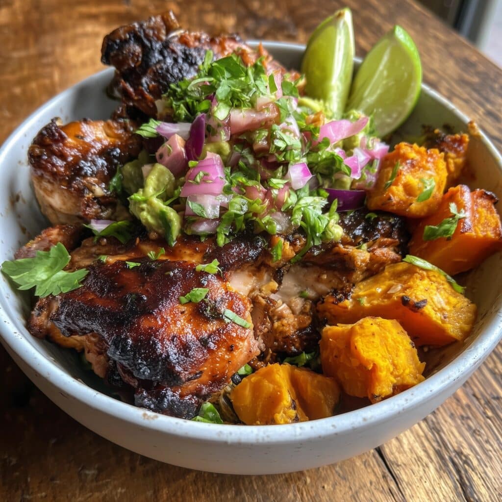 Hot Honey Chicken Thighs with Sweet Potatoes, Brussels Sprouts, and Goat Cheese Recipe