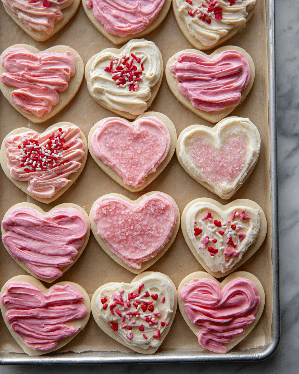 Valentine's Day Heart-Shaped Sugar Cookies with Buttercream Frosting and Red Glaze Recipe - Recipe Image