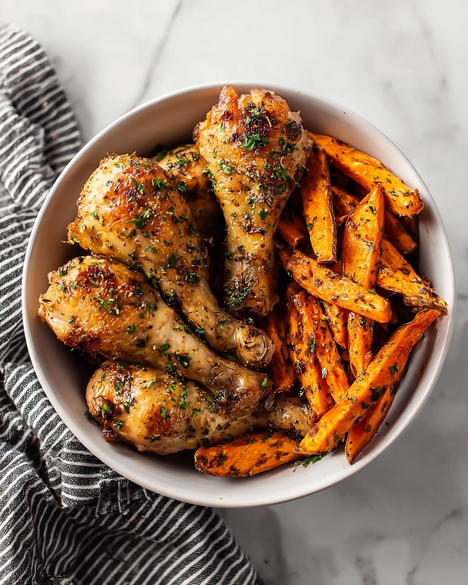 Baked Chicken Drumsticks with Sweet Potato Fries Recipe - Recipe Image