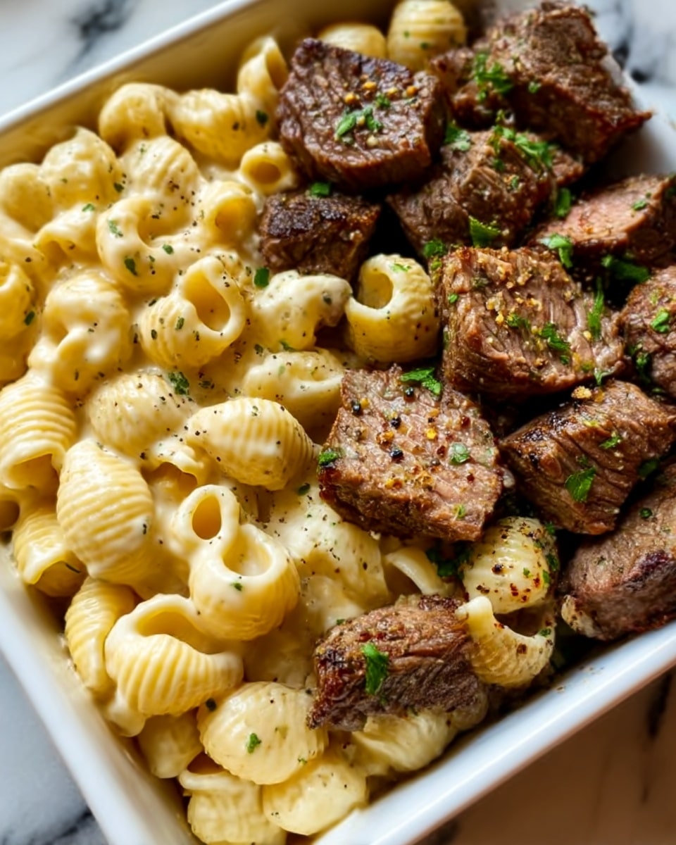 Steak Bites with Shell Pasta in Garlic Butter Alfredo Recipe - Recipe Image