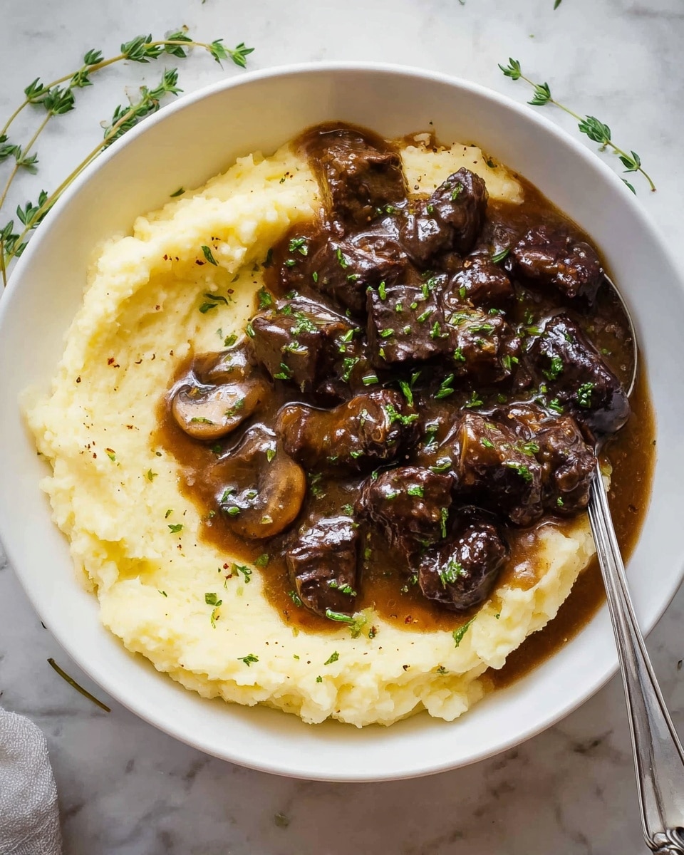 Steak Bites with Creamy Mashed Potatoes and Rich Homemade Gravy Recipe