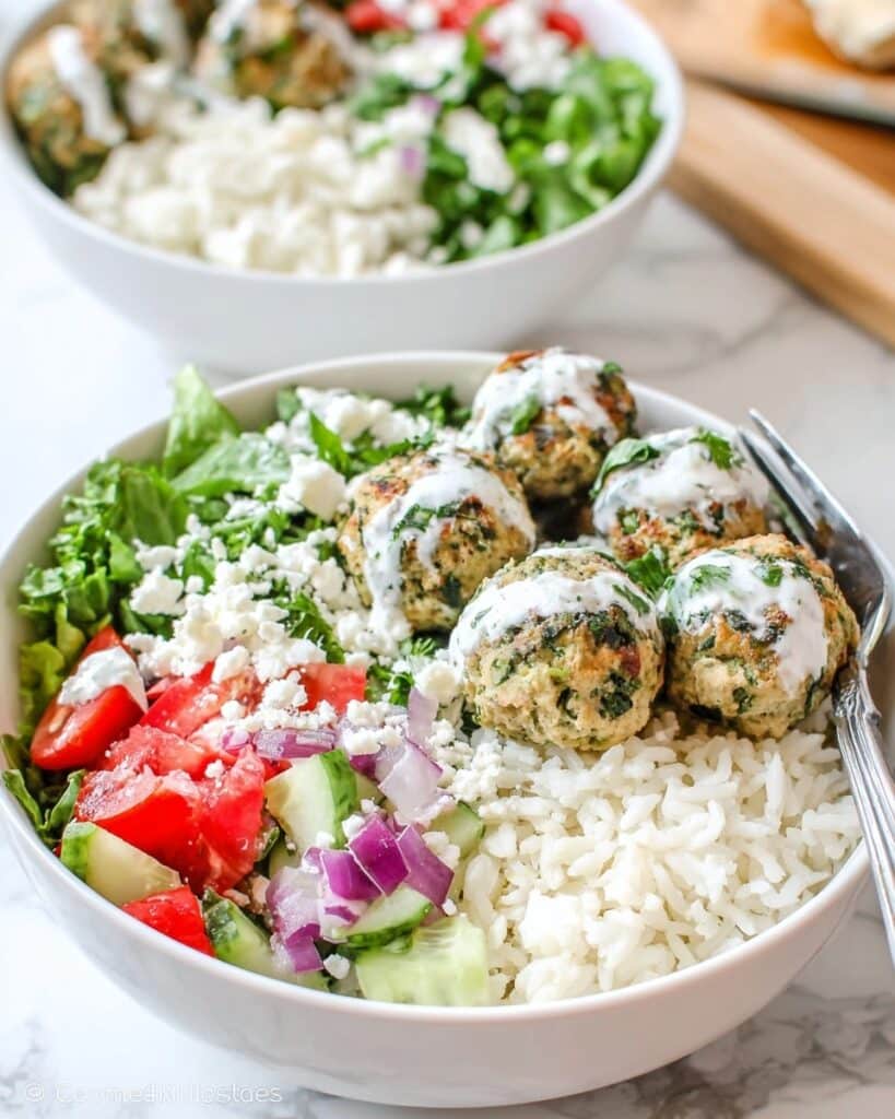 Mediterranean Turkey Meatball Bowls with Lemon Herb Rice and Fresh Veggies Recipe